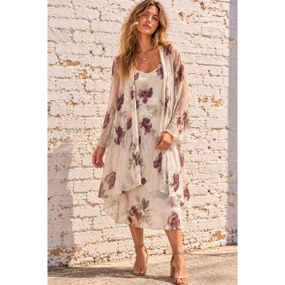 Vintage Jeffrey Dara Cream Floral Chiffon Dress Duster 2pc Set Romantic 90s 10